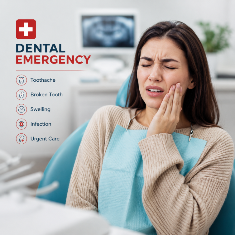 Woman with dental emergency holding her cheek in pain