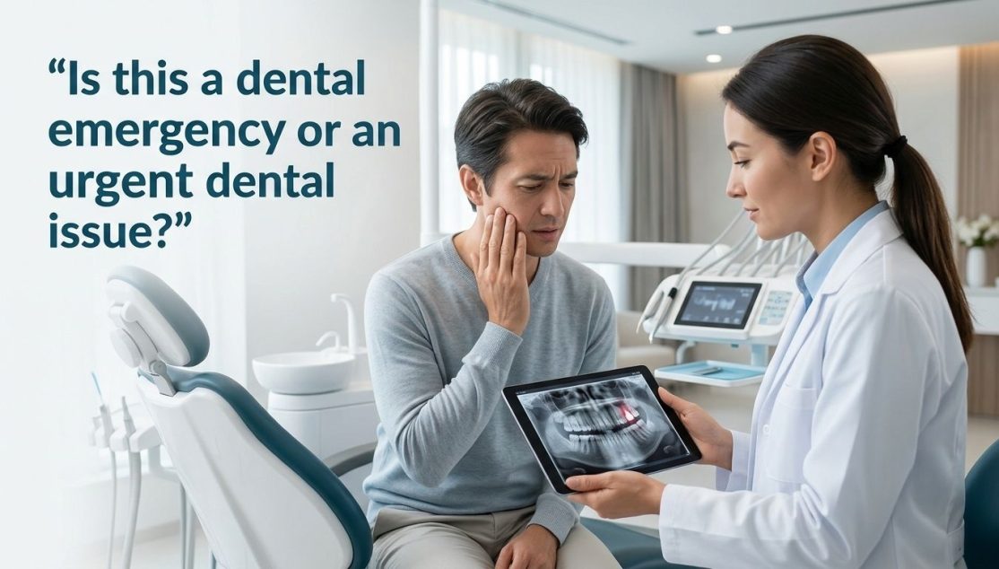 Urgent dental issue A dentist showing a tablet x-ray to a concerned patient holding his cheek.